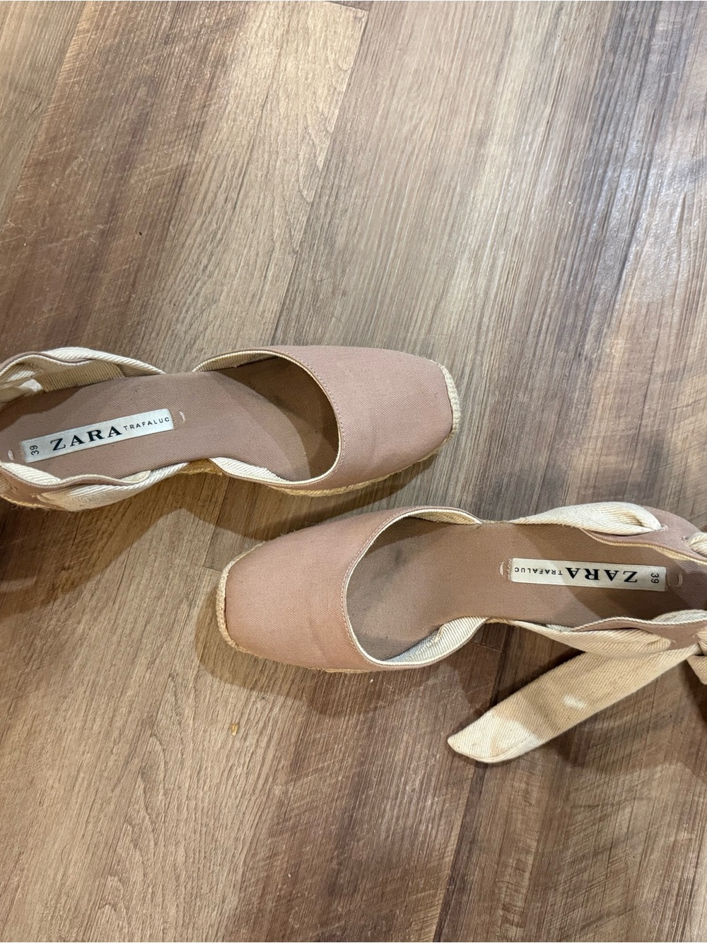 ZARA Taupe Canvas Espadrille Wedge Sandals with Ankle Wrap - Picture 5 of 9